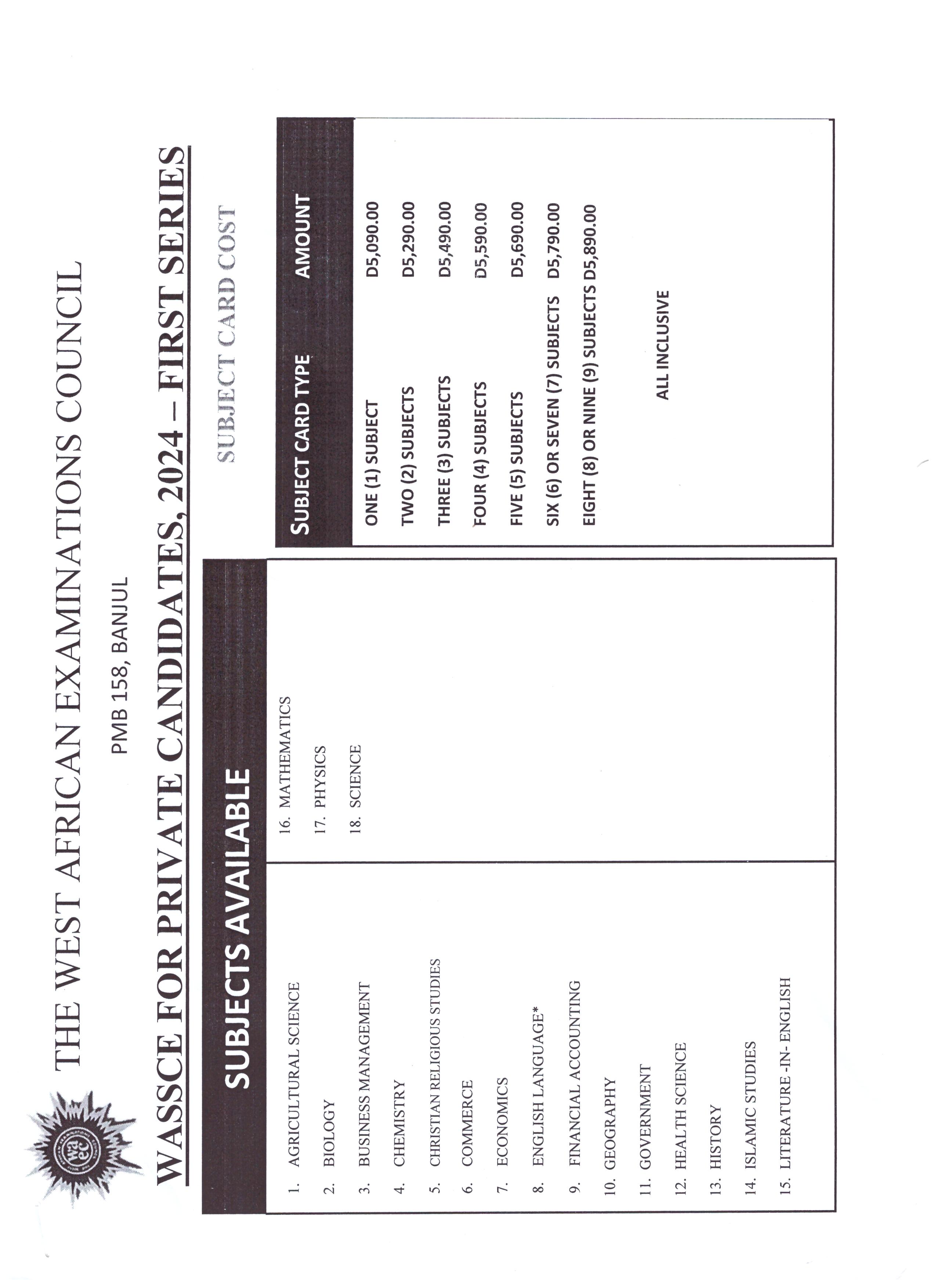 WASSCE FOR PRIVATE CANDIDATES Fee List,  2024