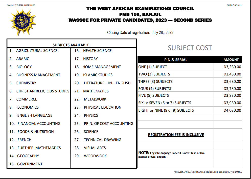 Wassce west africa examination council gambia
