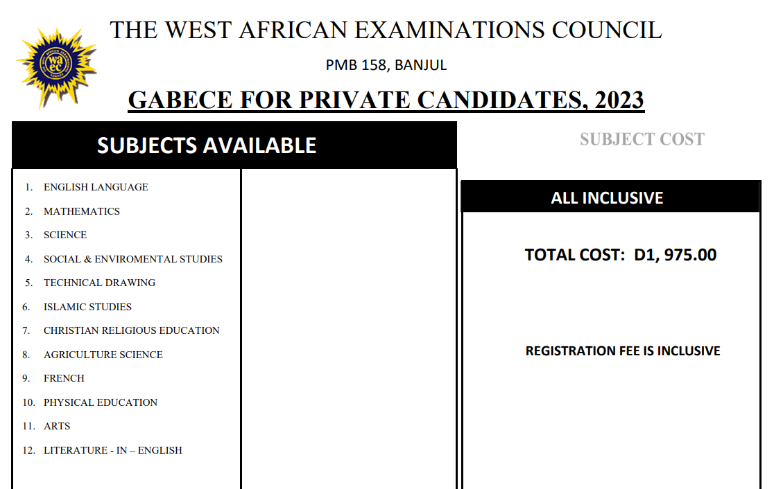 Gabece west africa examination council gambia